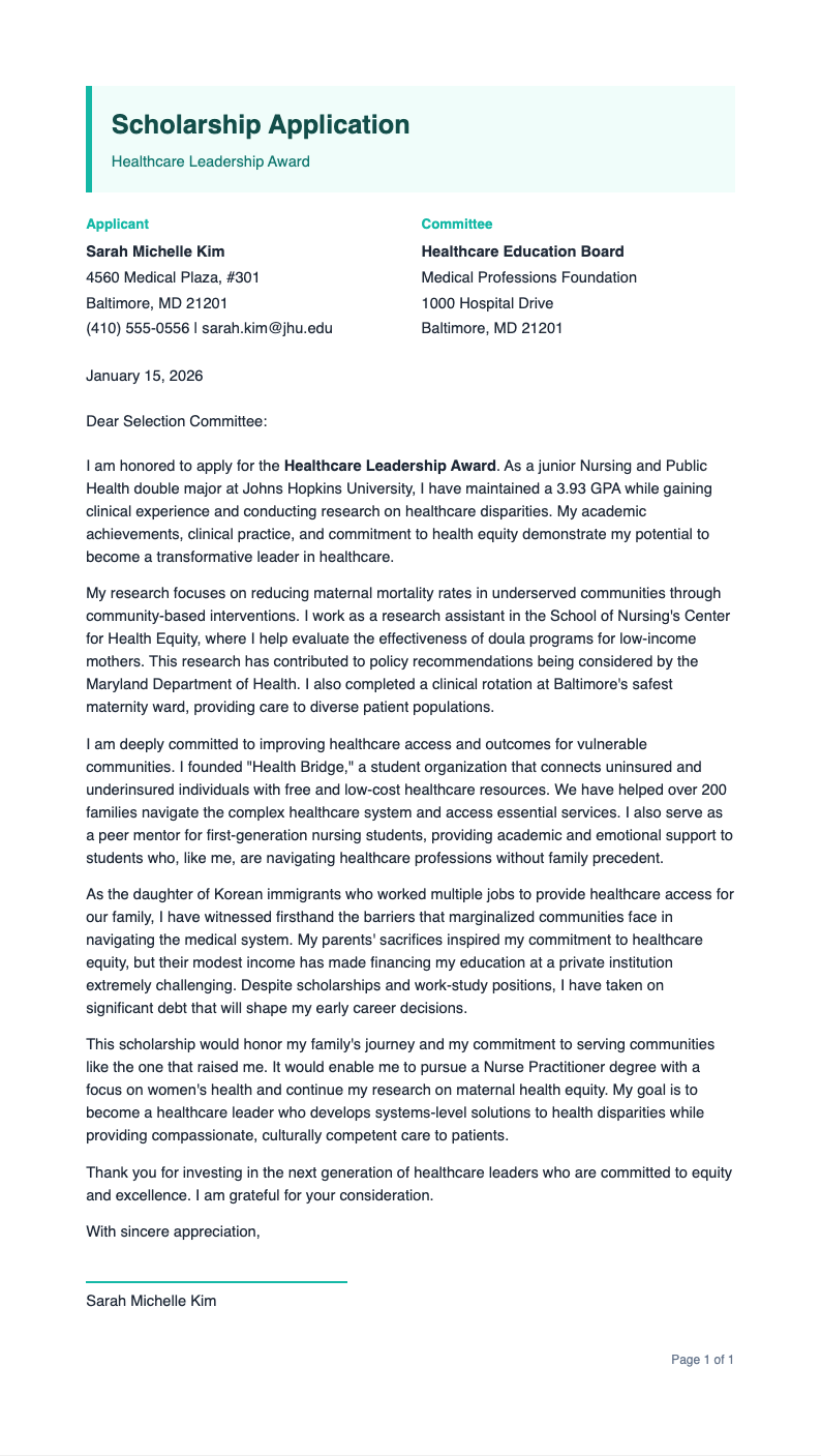 Teal Professional Scholarship Letter